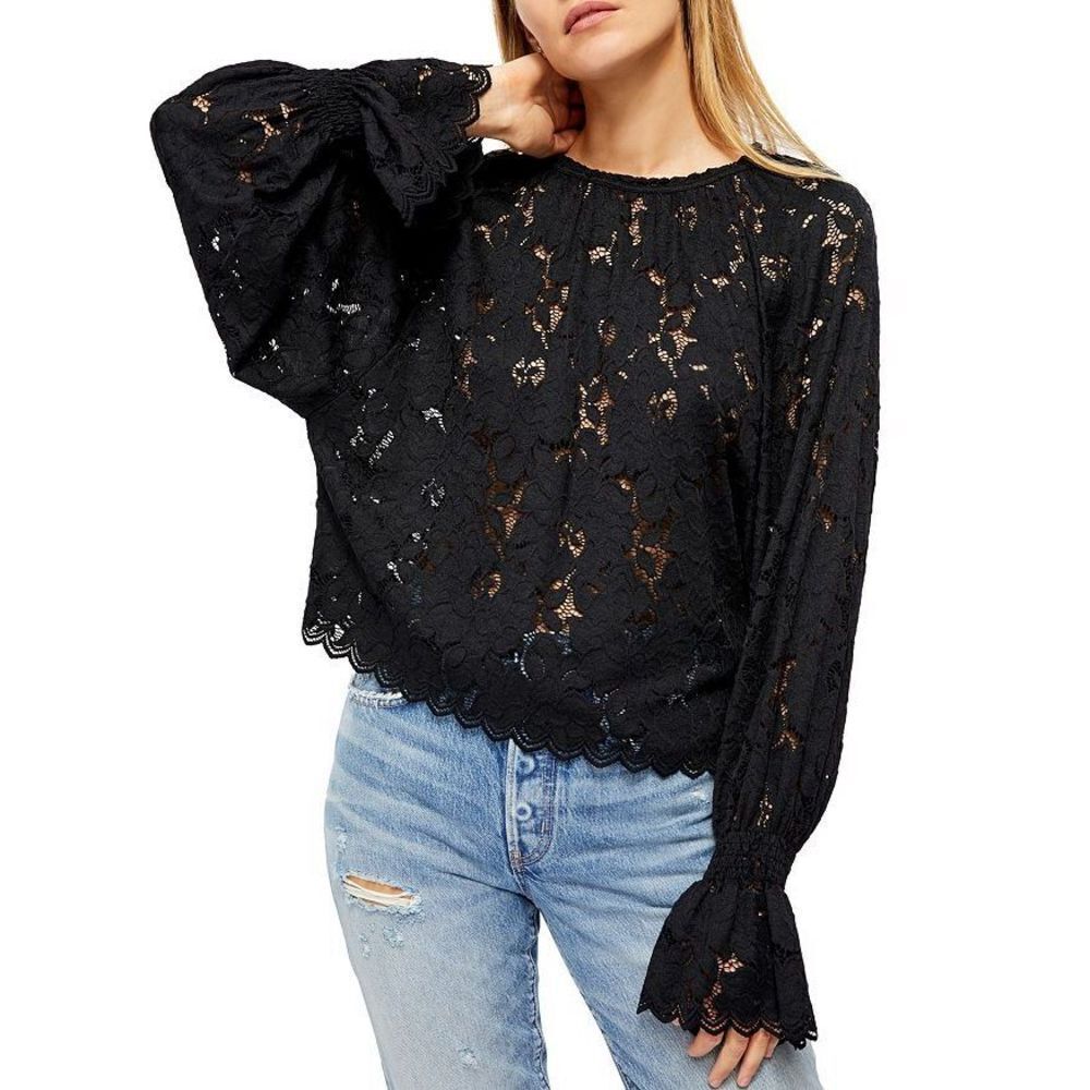 Free People Top Olivia Lace Black Romantic Blouson Sleeve Size‎ S